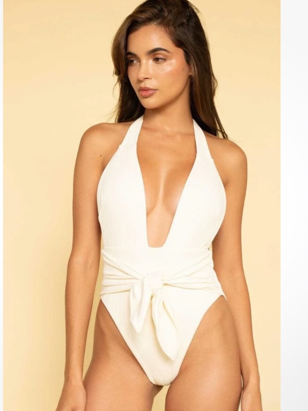 NEW! $218 MONTCE TROPEZ TIE WAIST RIBBED HALTER ONE-PIECE SWIMSUIT CREAM SZ M